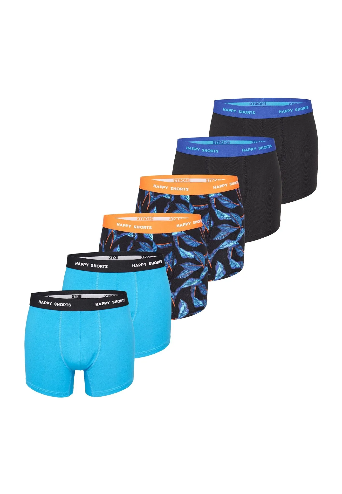HAPPY SHORTS HEREN BOXERSHORTS TRUNKS BLADEREN BLAUW/ZWART 6PACK