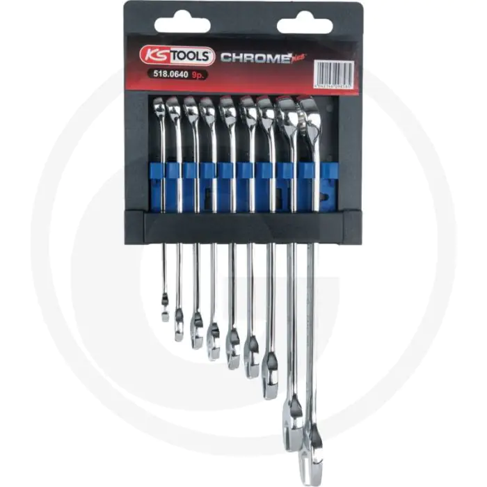 KS TOOLS CHROMEPLUS® RINGSTEEKSLEUTELSET, GEBOGEN 9DELIG, 8  19 MM  FLANKTRACTIONPROFIL